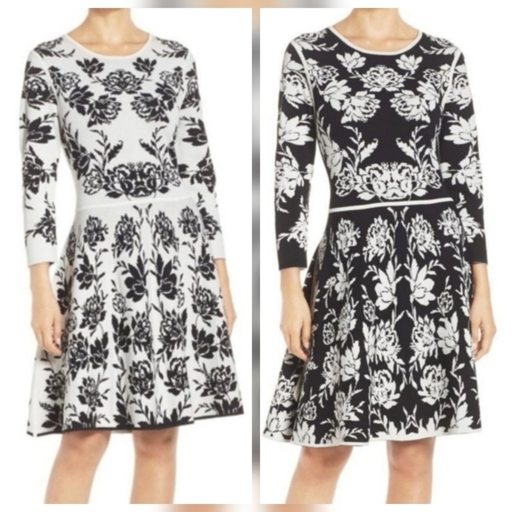 Eliza J REVERSIBLE 3/4 Sleeve Jacquard Sweater Fit & Flare Dress, Black White XS
